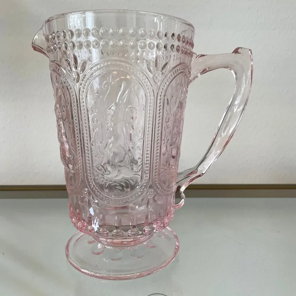 Pink Easter Bunny Glass Pitcher Hobnail Victorian Vintage Style Embossed NEW